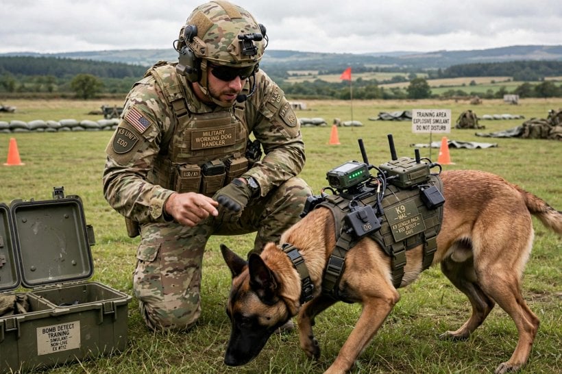 Warhound handler training a gene-edited military dog wearing an Anduril sensor vest during a bomb-detection exercise