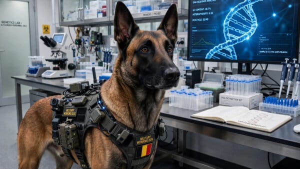 Genetically engineered Belgian Malinois military working dog wearing a sensor-equipped tactical vest in a Warhound genetics laboratory