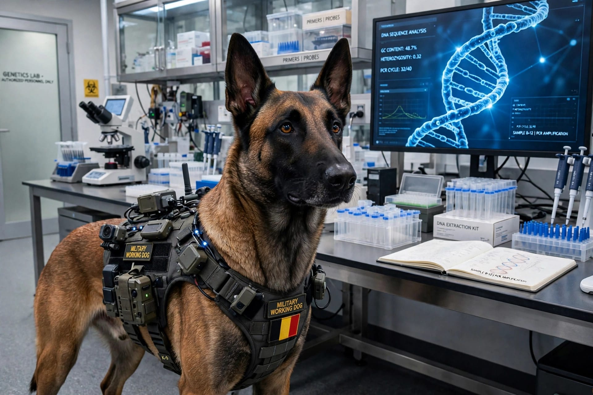 Genetically engineered Belgian Malinois military working dog wearing a sensor-equipped tactical vest in a Warhound genetics laboratory
