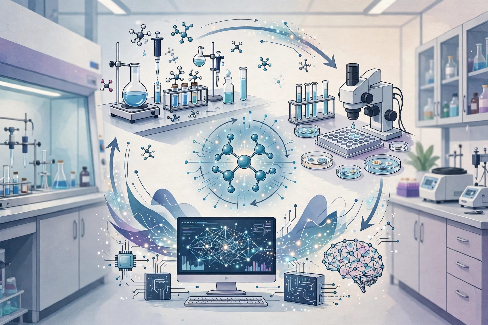 Molecule optimisation loop at Warp Sciences, where experimental data trains AI models for drug discovery