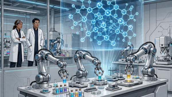 Warp Sciences automated chemistry lab with robotic arms testing drug molecules after its $215 million launch