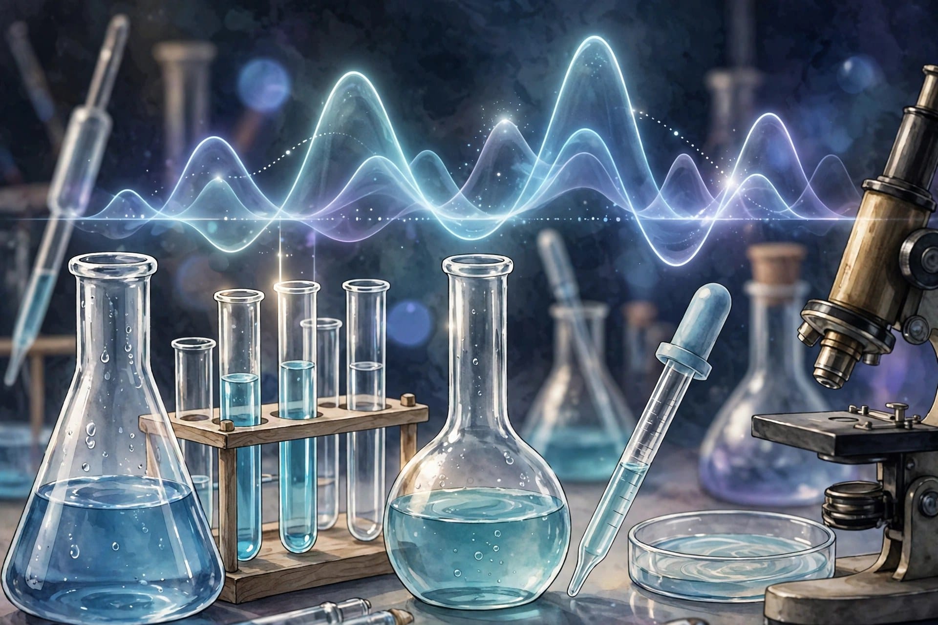 Laboratory glassware and instruments with soft glowing peak-shaped waveforms