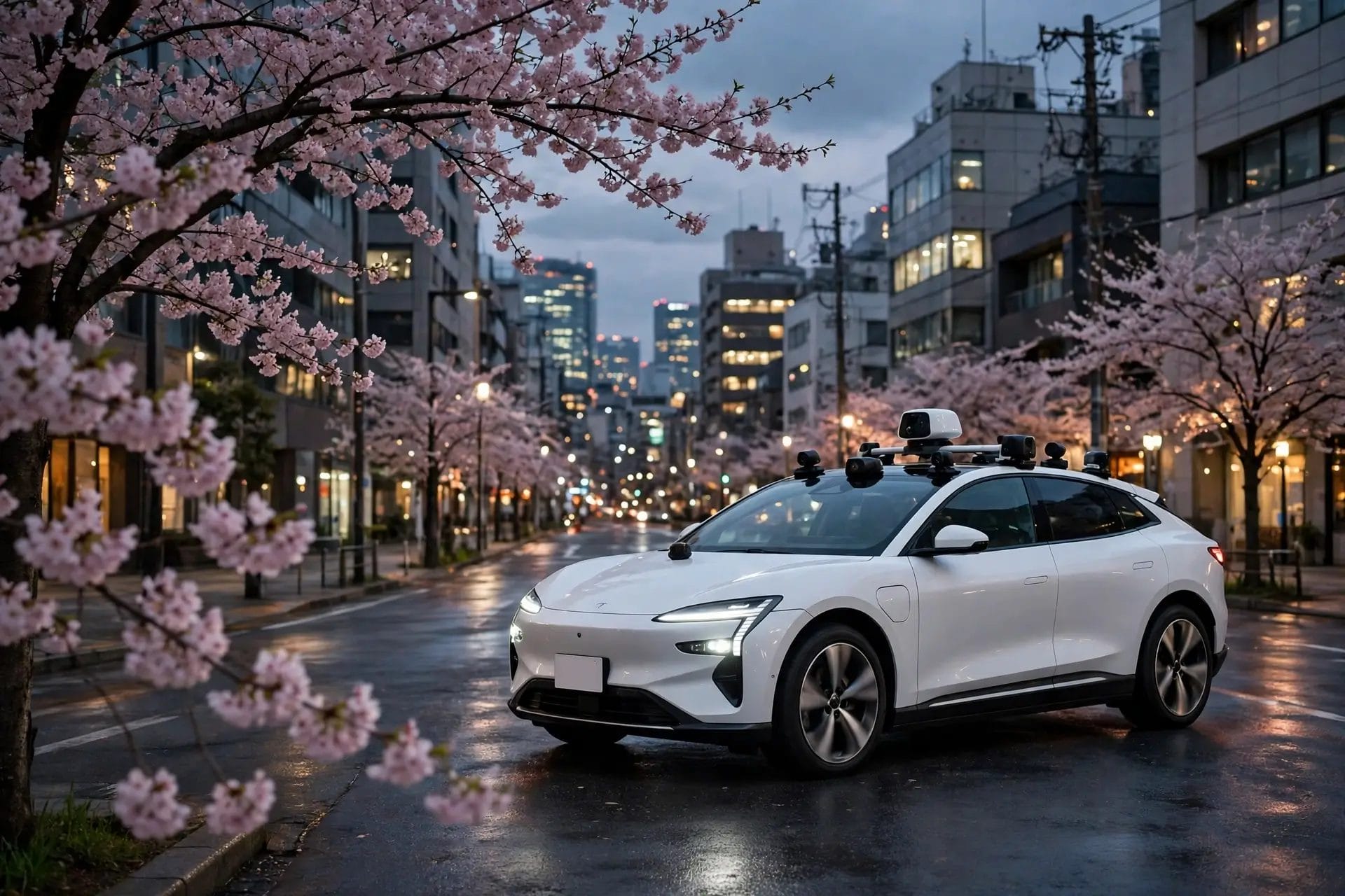 A white self-driving SUV with roof sensors driving on a cherry-blossom street in Japan at dusk