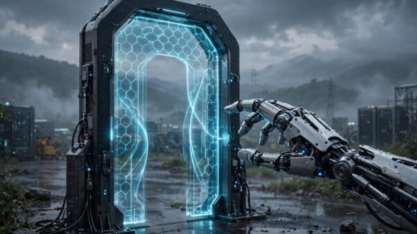 AI agent robot hand stopped at a website login gate for Yelp, Delta and bank accounts