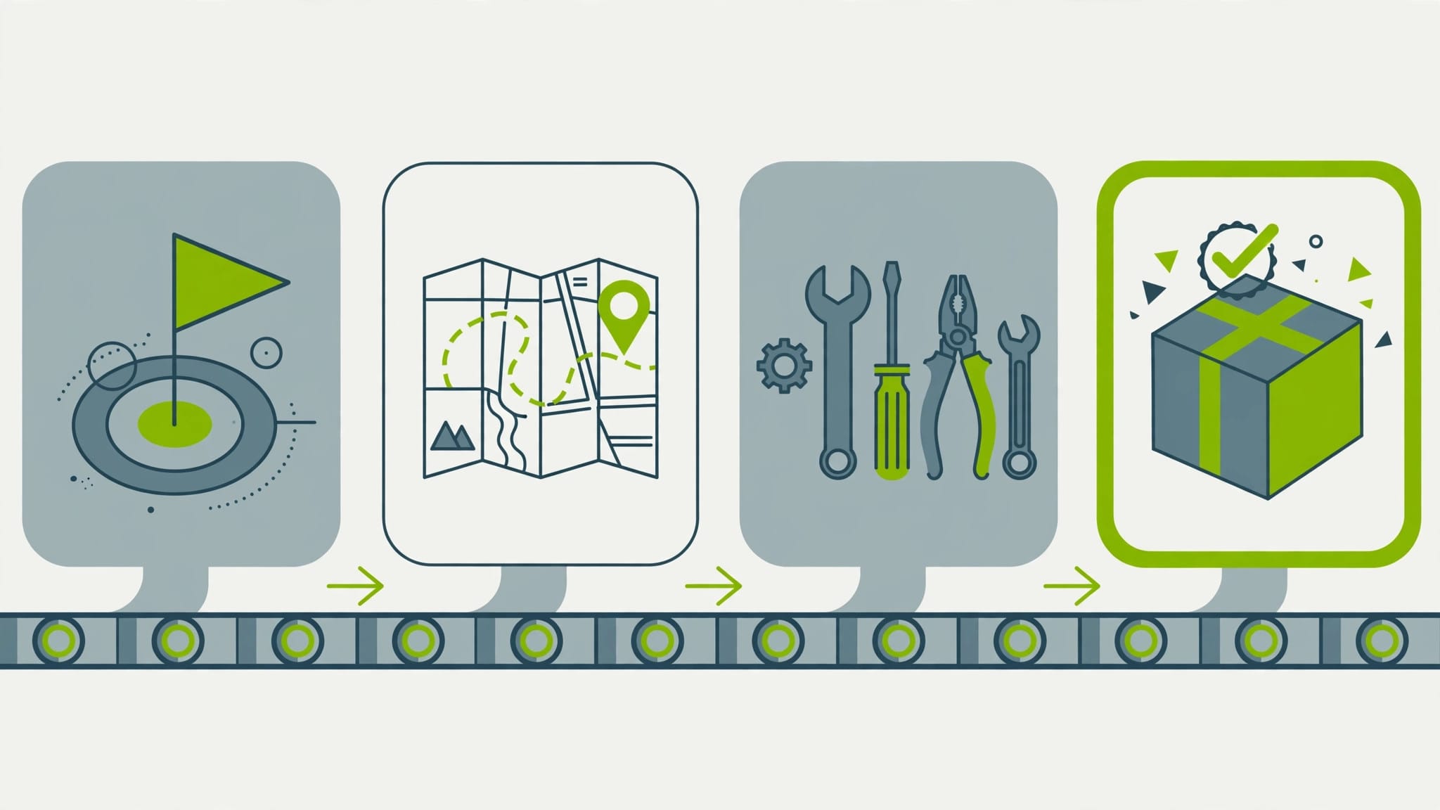 Illustration of a four-step assembly line from goal to finished result, representing how an AI agent plans and completes a task