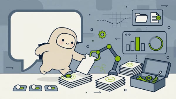 Illustration of a robot assistant stepping out of a chat bubble to use tools on a desk, representing an AI agent at work