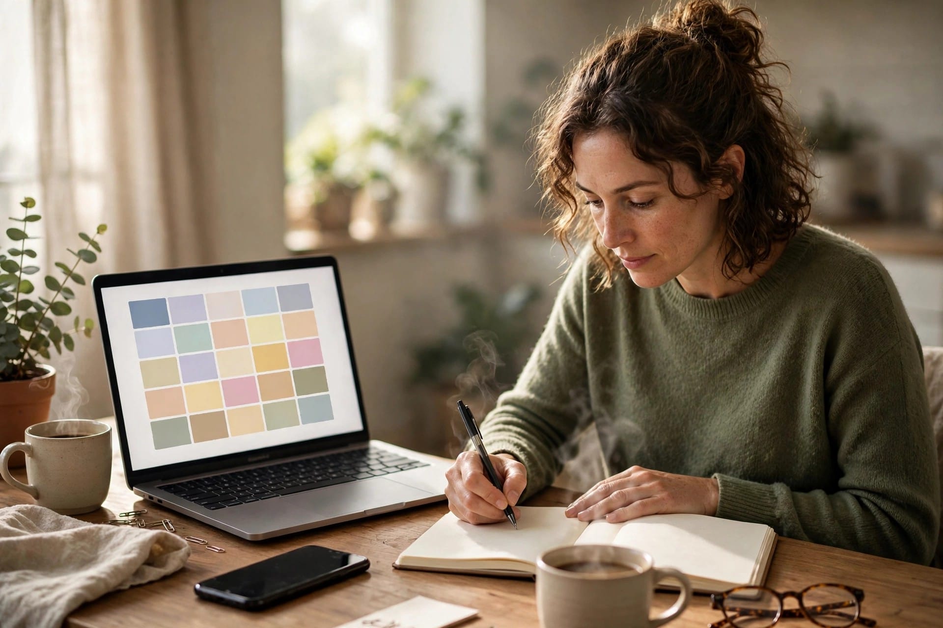 Woman planning at a desk with a laptop showing an abstract calendar grid