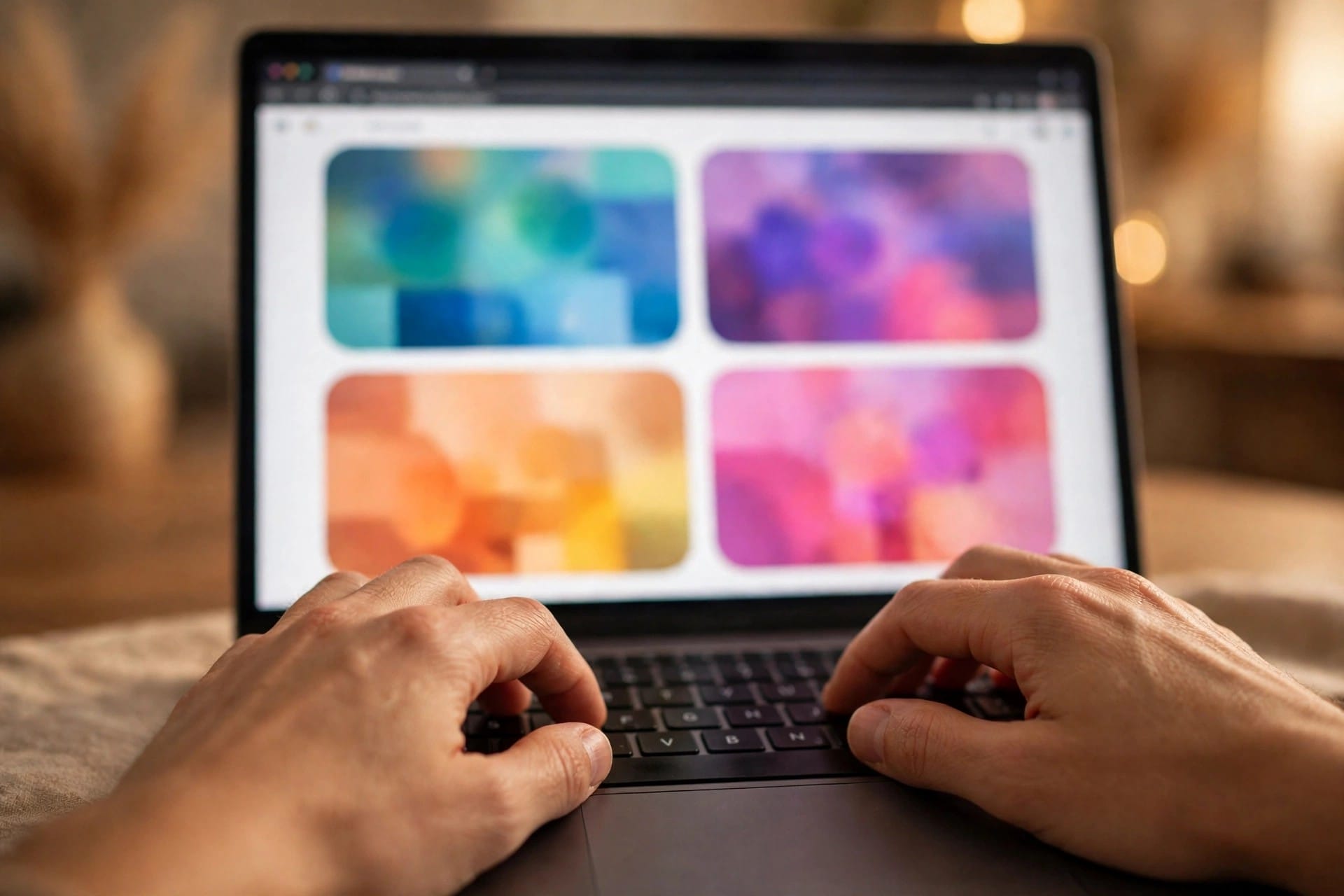 Hands typing on a laptop with colourful abstract panels on screen