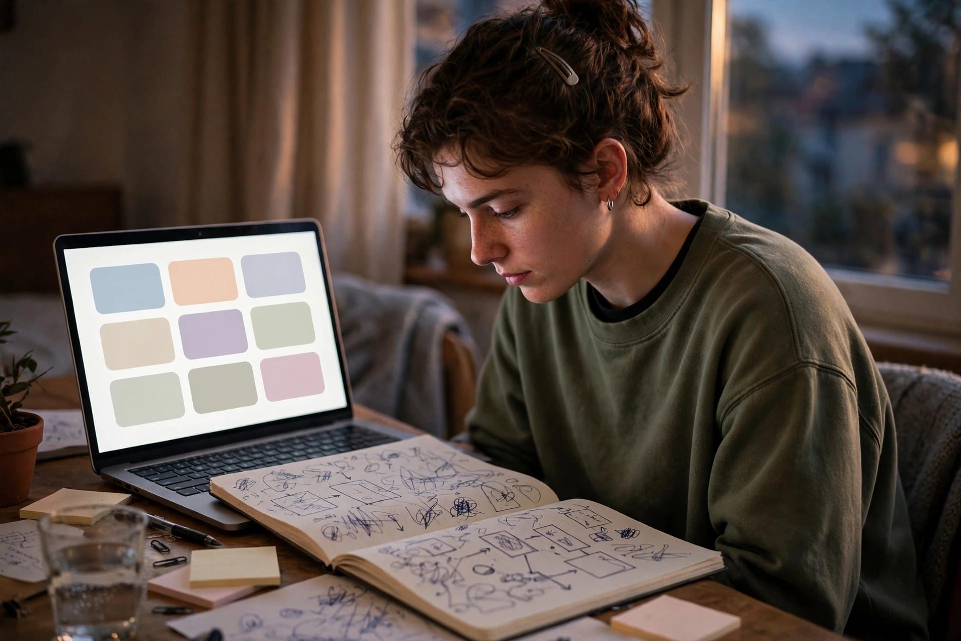 Student studying with a laptop showing abstract quiz cards and handwritten notes