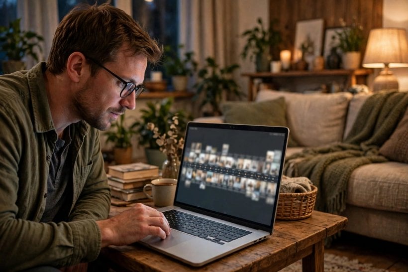 Man at a laptop showing a timeline of blurred page thumbnails