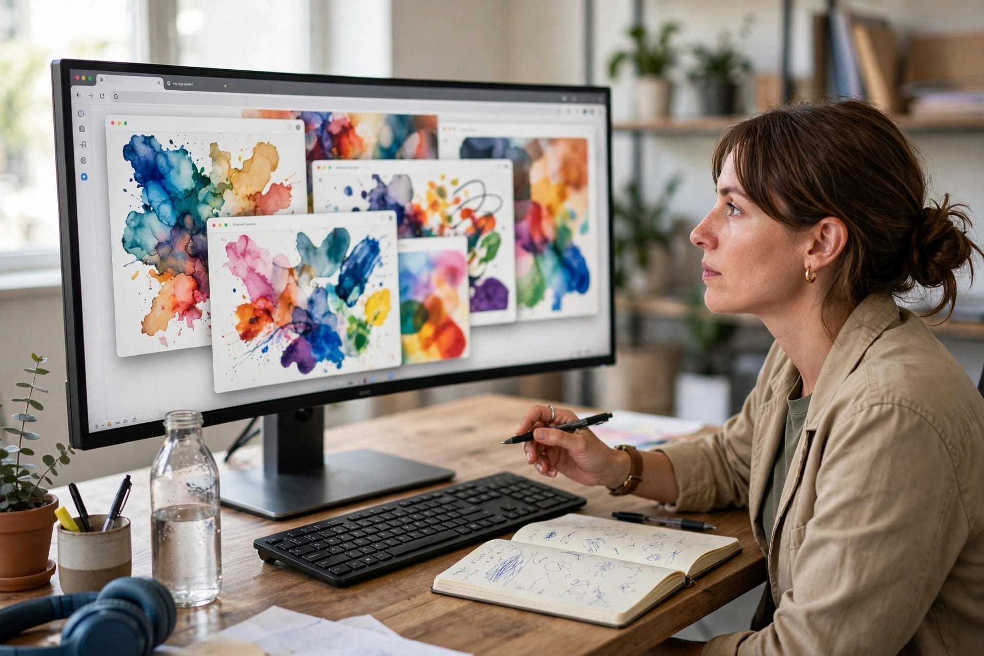 Woman comparing overlapping browser windows on a wide monitor