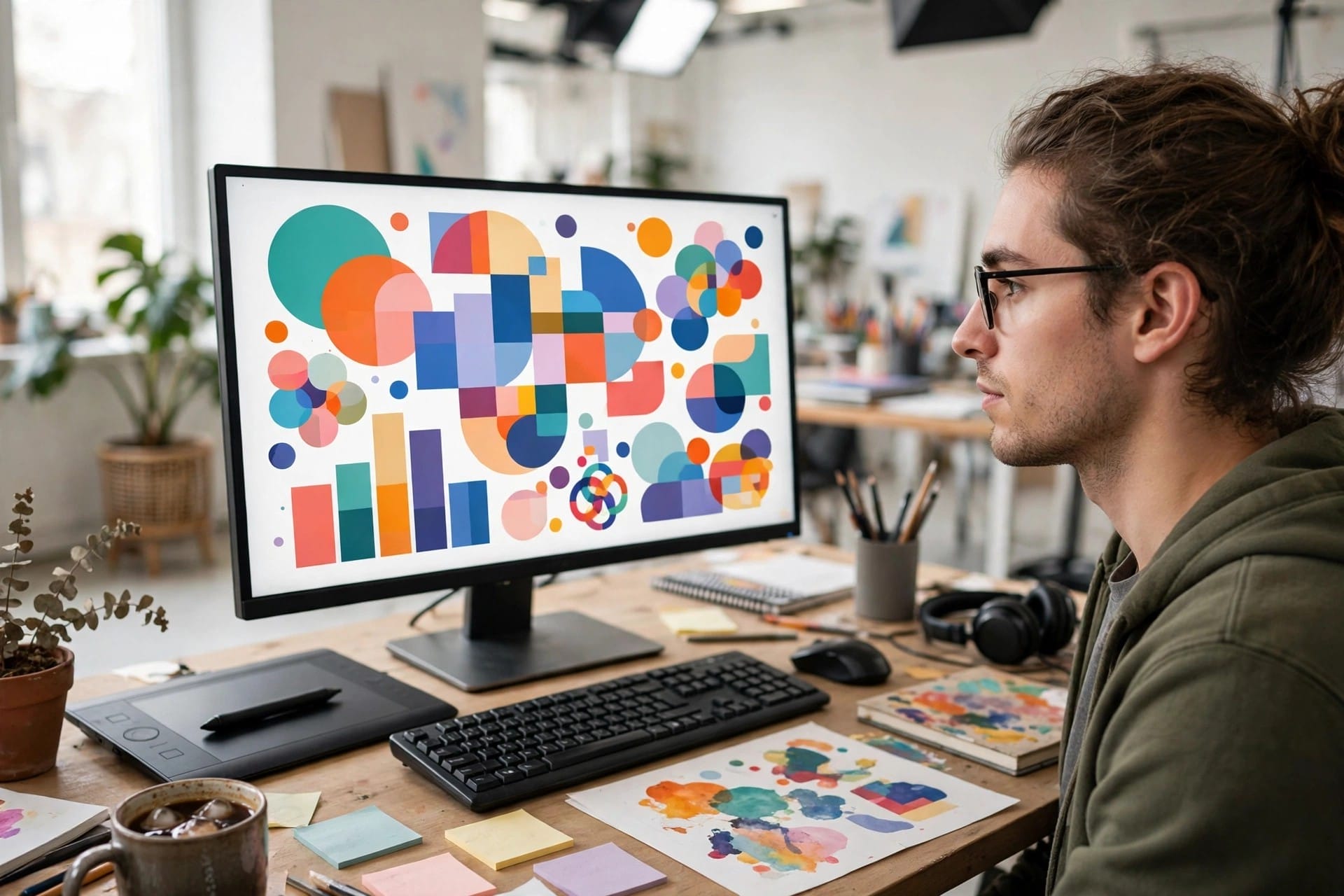 Designer looking at a colourful abstract infographic on a monitor