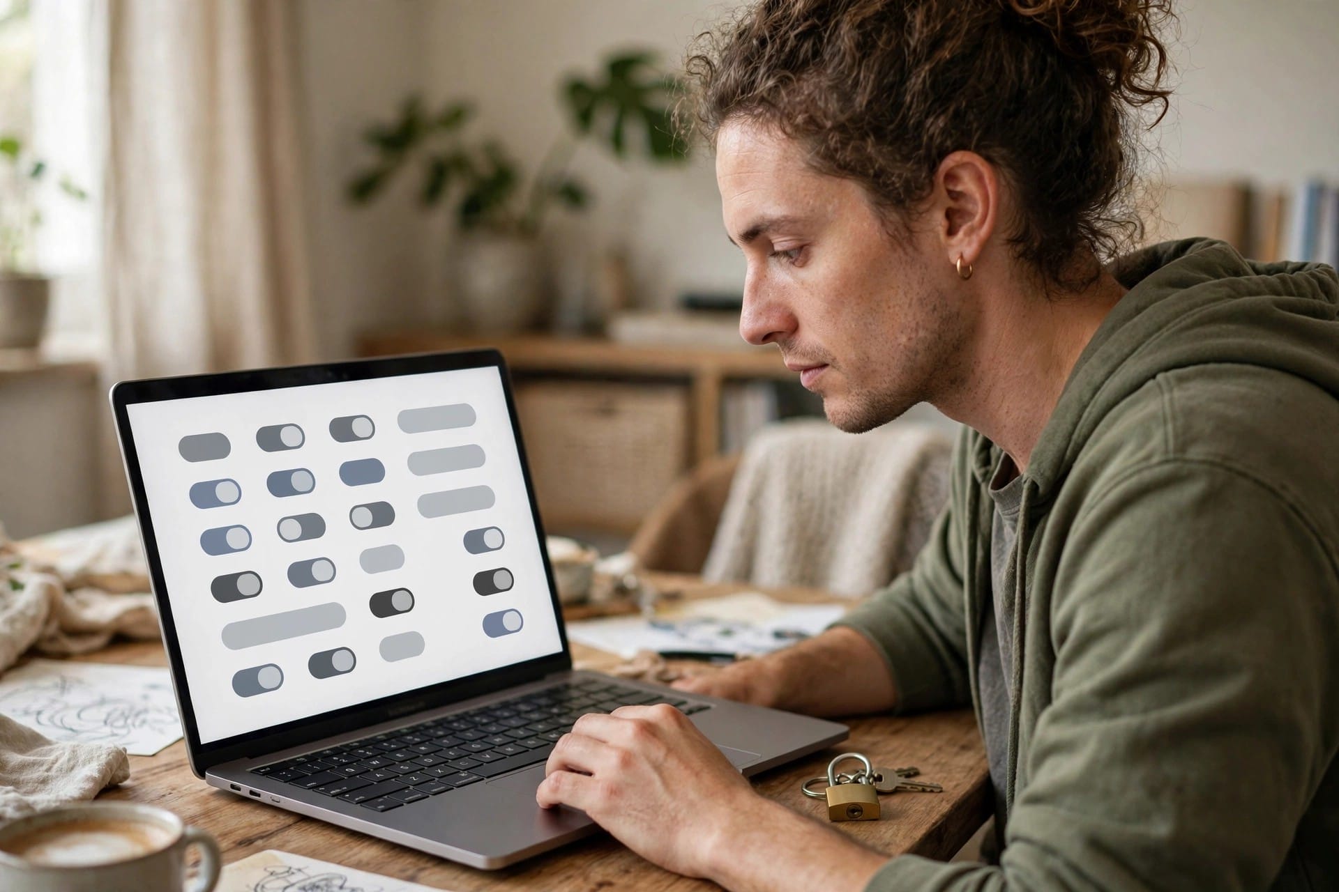 Person reviewing abstract toggle settings on a laptop with a padlock keychain