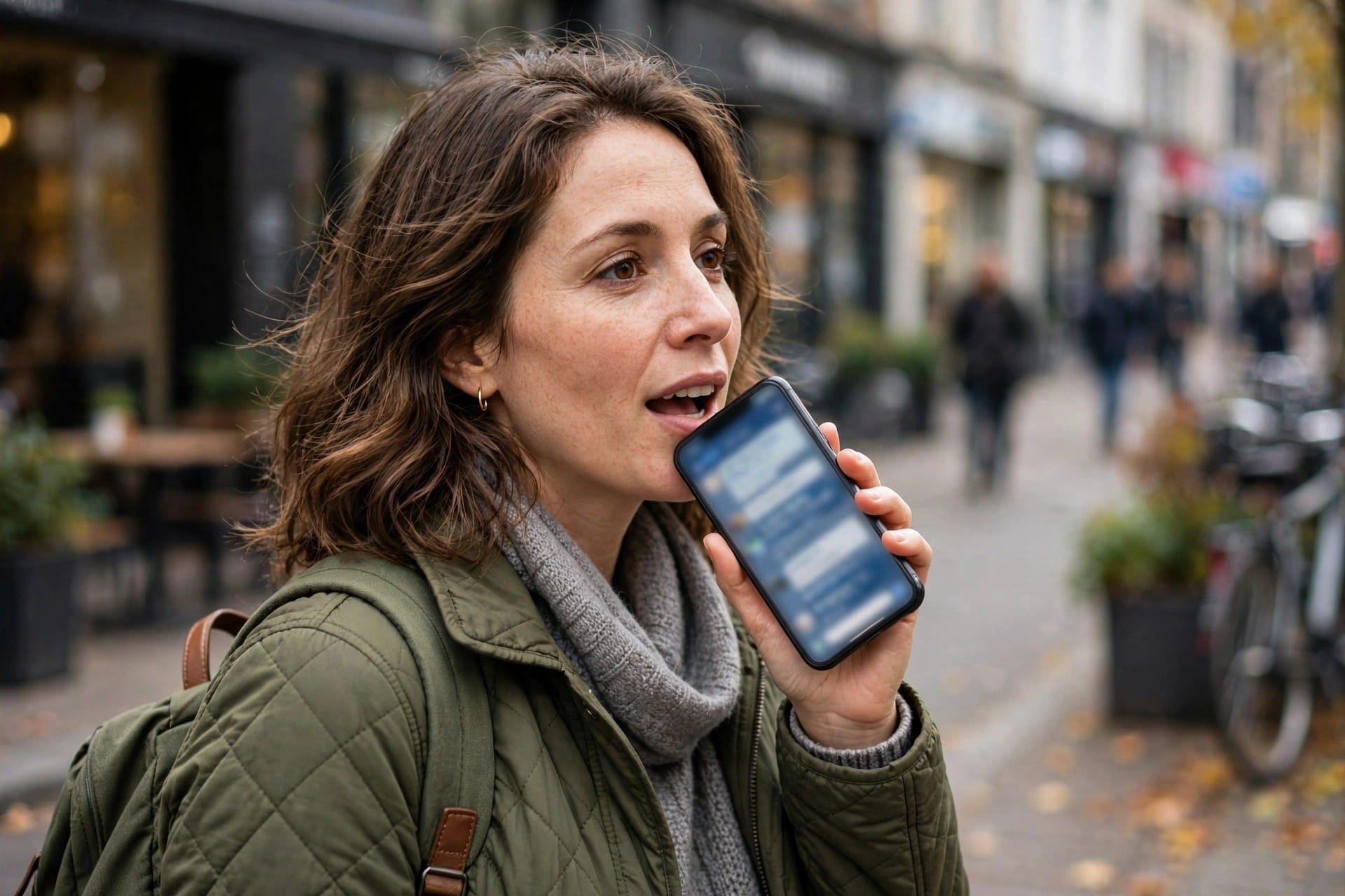 A traveller asking her phone for nearby places on a city street.