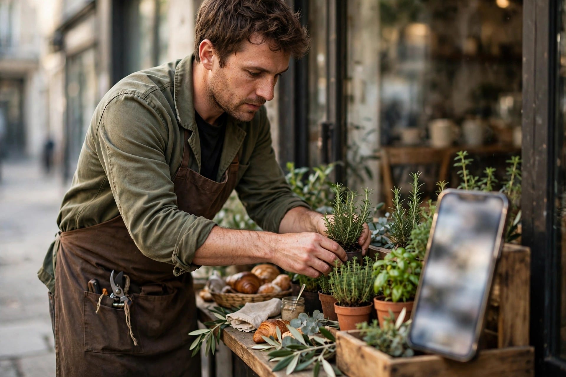 A cafe owner arranging a storefront display, with a phone showing the business listing nearby.