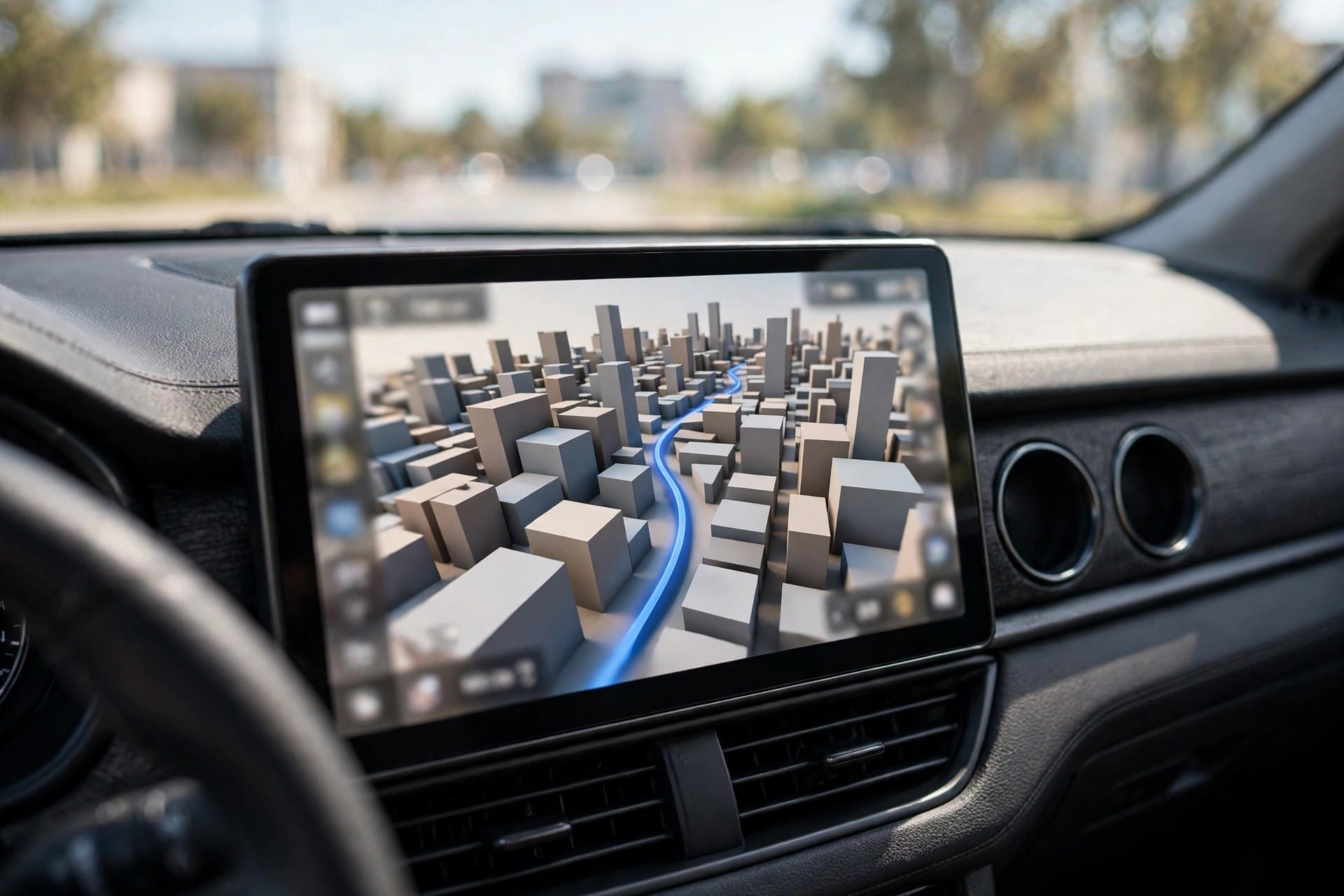 A car dashboard showing a three-dimensional city navigation view.