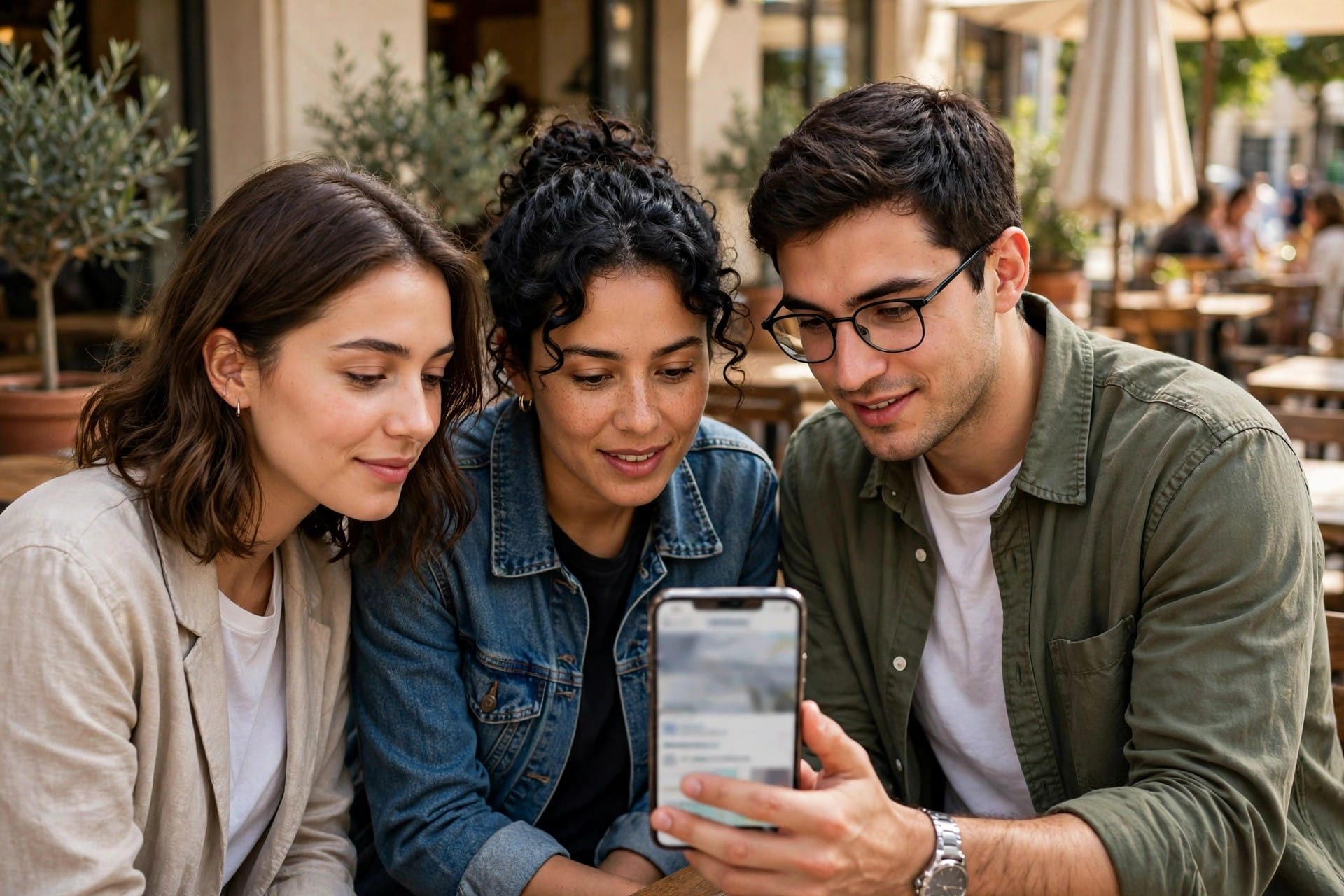 Friends checking a cafe listing on a phone before sitting down outside.
