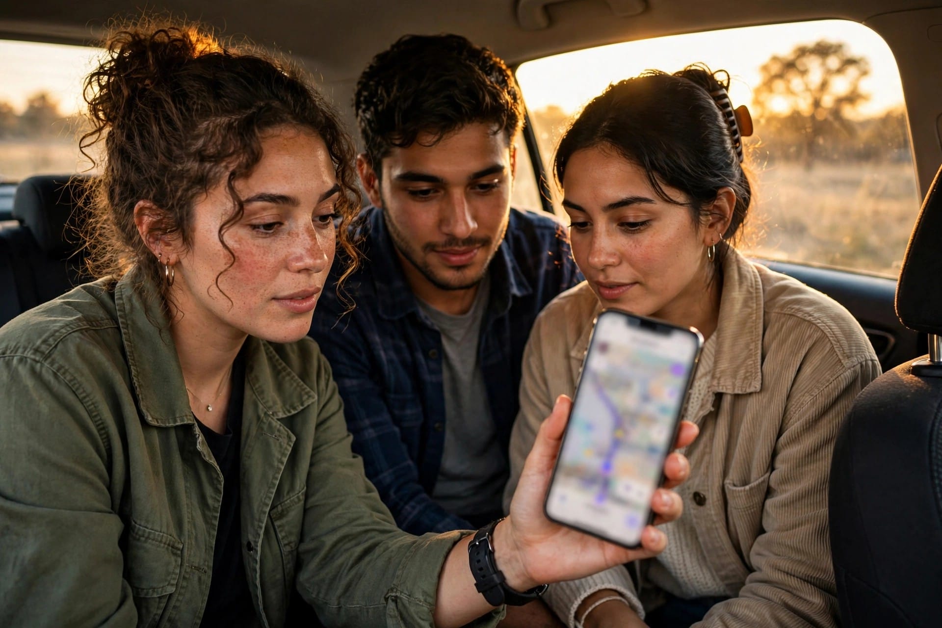 Friends on a road trip checking the next stop on a phone at golden hour.