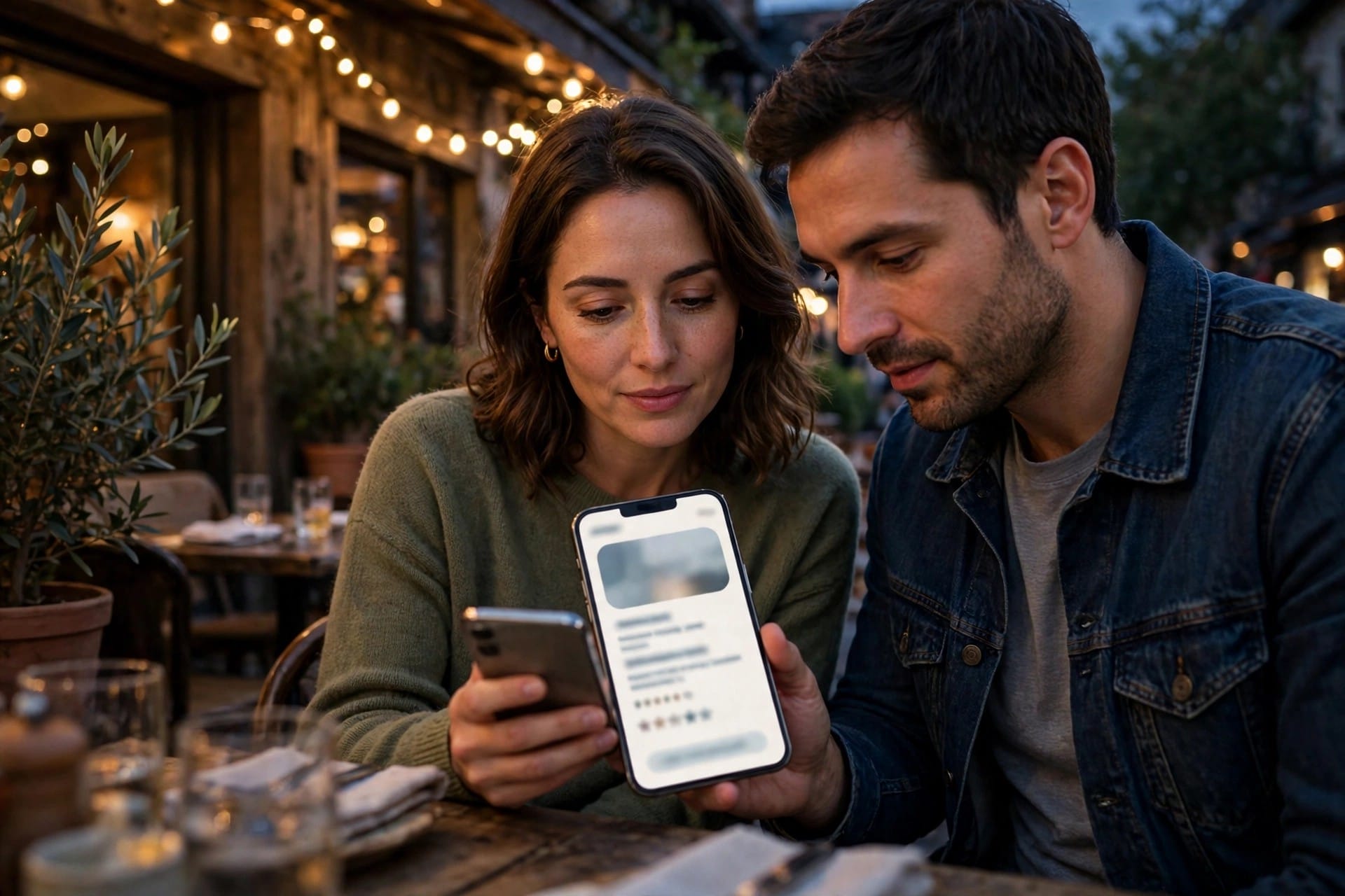 A couple reading a restaurant review summary on a phone outside a restaurant.