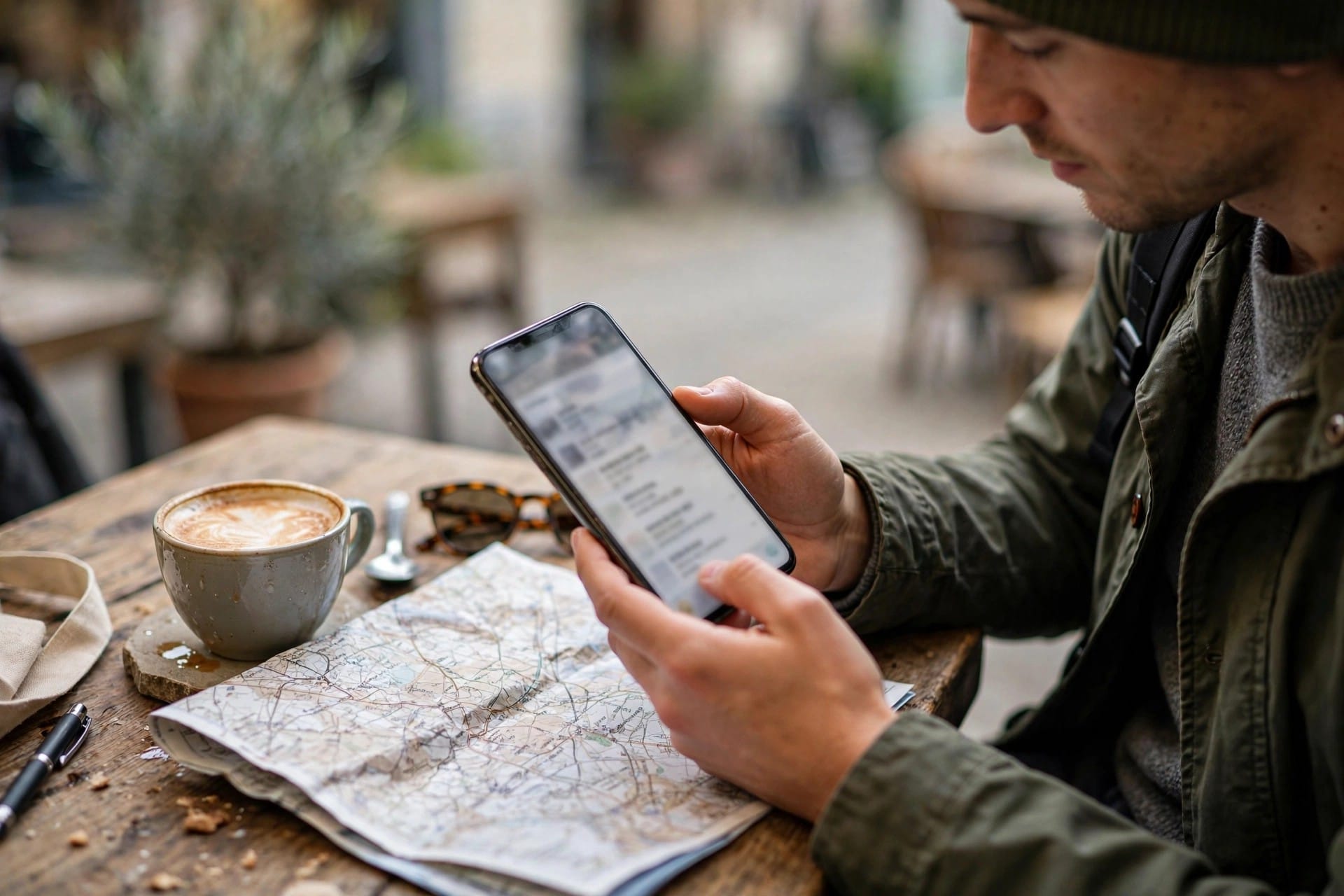 Planning a trip on a phone and a paper map over coffee at a cafe table.