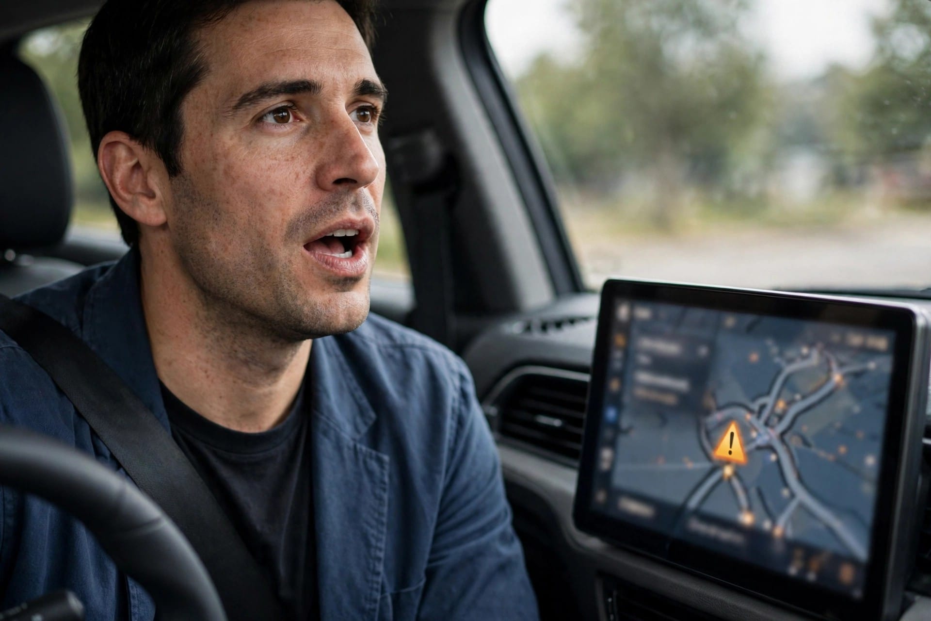 A driver reporting a road hazard by voice, with the warning shown on the dashboard screen.