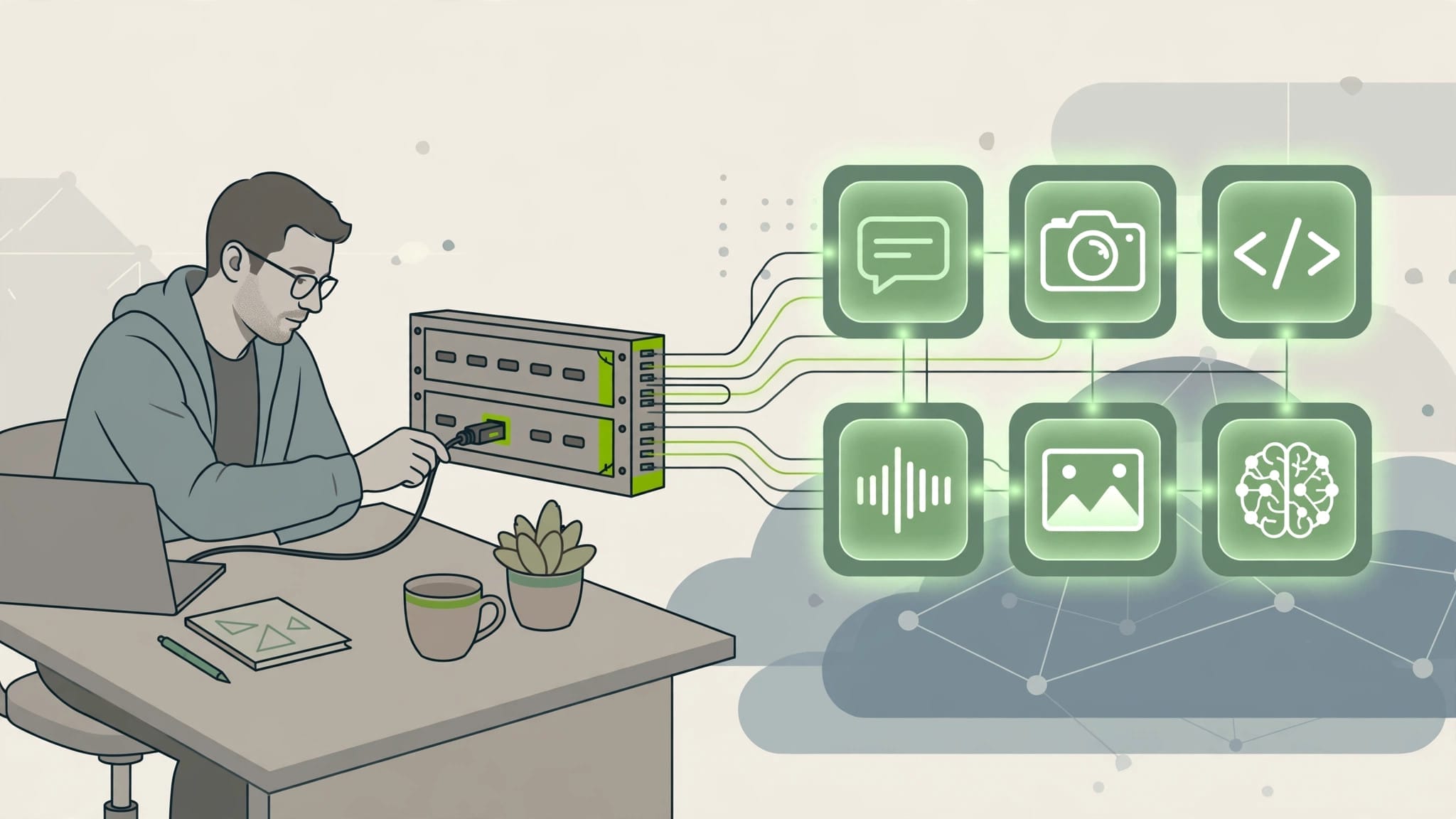 Illustration of a developer connecting to different AI models through Amazon Bedrock APIs