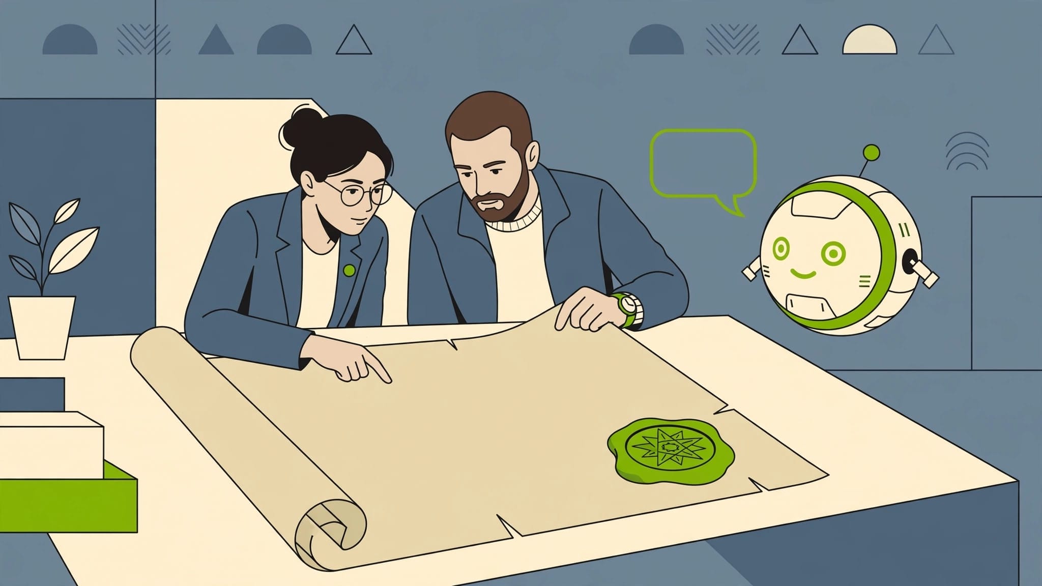 Illustration of researchers reviewing a constitution document that guides the Claude AI model's responses