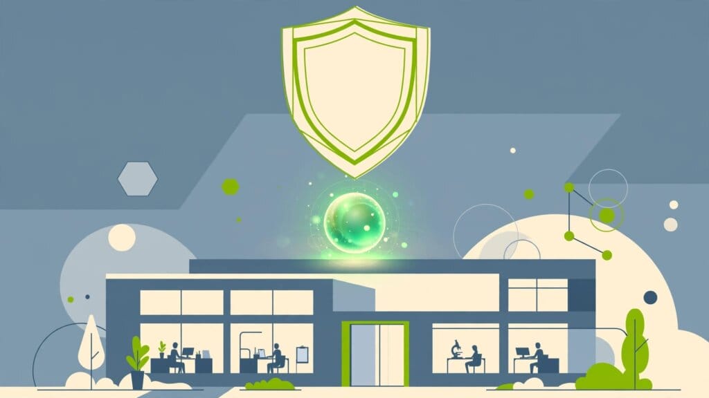 Illustration of Anthropic's research lab with a protective shield motif above a stylised Claude assistant orb
