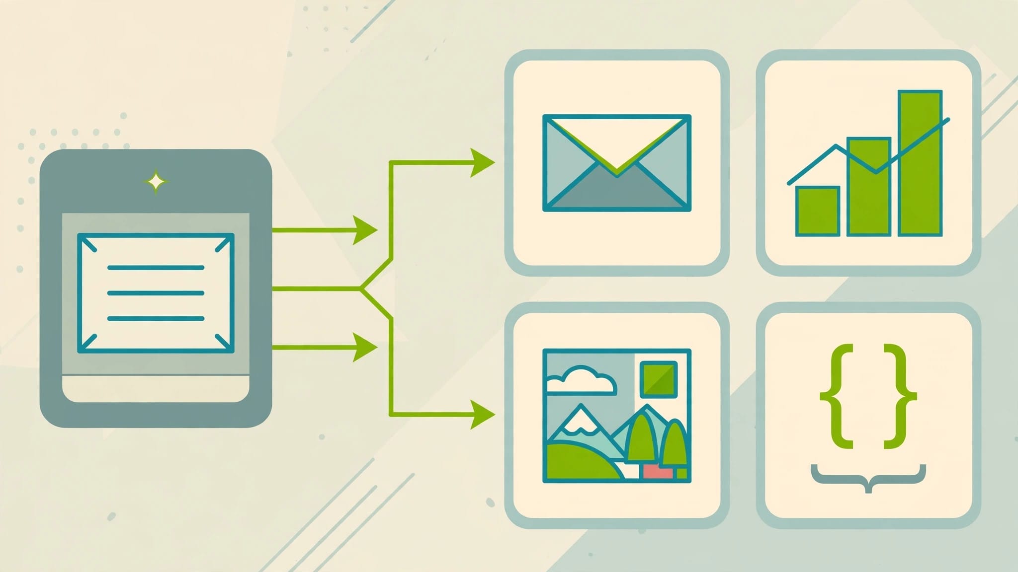 Illustration of ChatGPT producing different outputs — text, charts, images and code — from one prompt