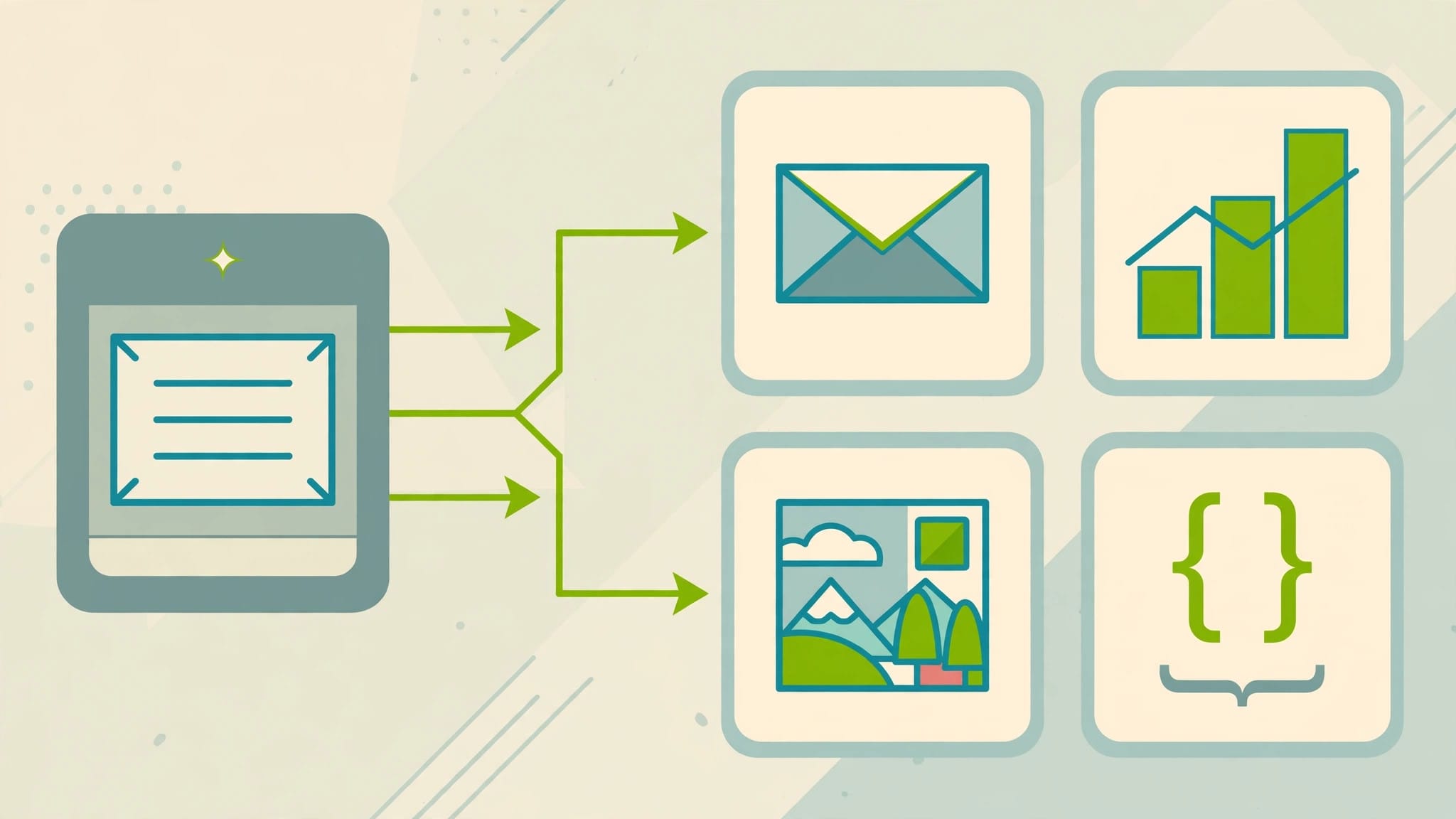 Illustration of ChatGPT producing different outputs — text, charts, images and code — from one prompt