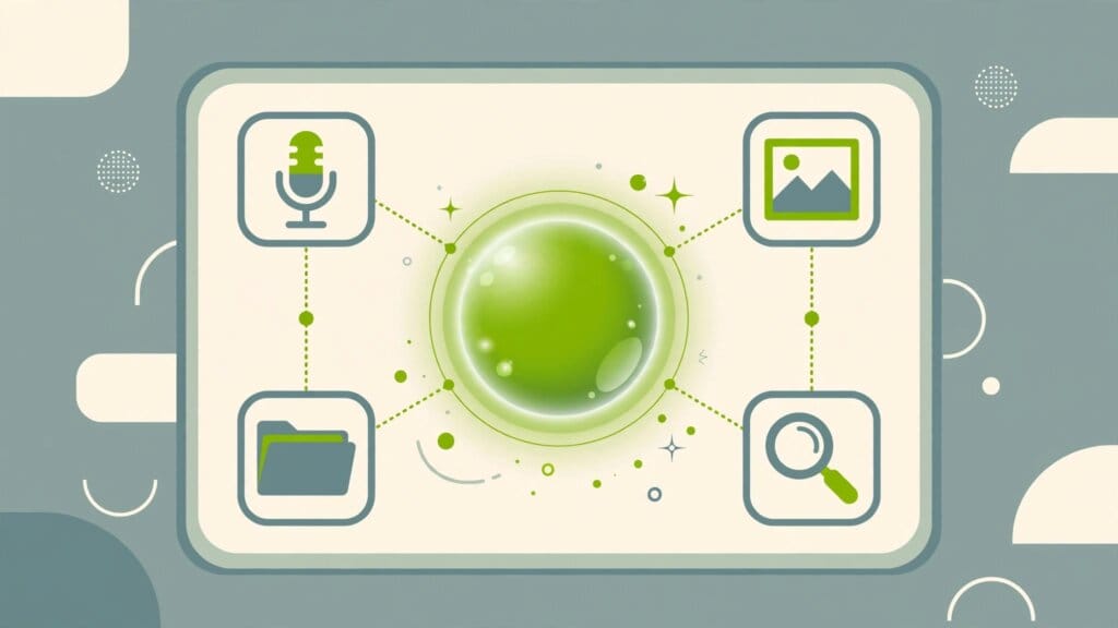 Illustration of the ChatGPT assistant interface with voice, image and document tools arranged around a chat window