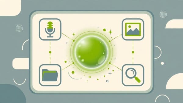Illustration of the ChatGPT assistant interface with voice, image and document tools arranged around a chat window