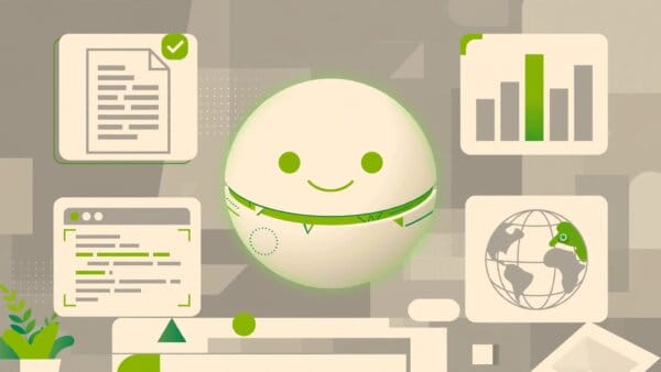 Illustration of the Claude AI assistant orb surrounded by documents, charts, code and a web browser