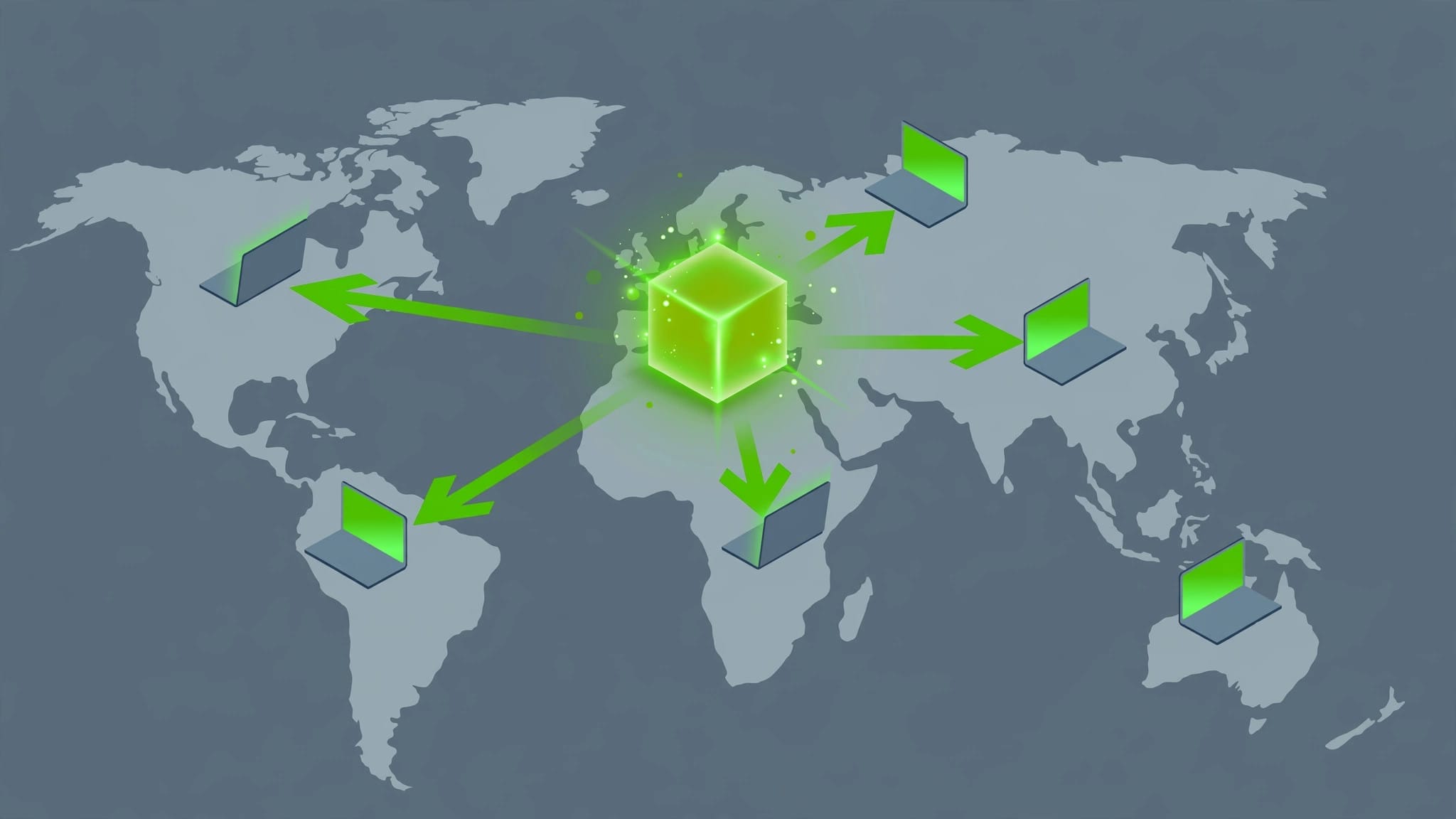 DeepSeek open model download arrows flowing from a central cube to laptops around the world