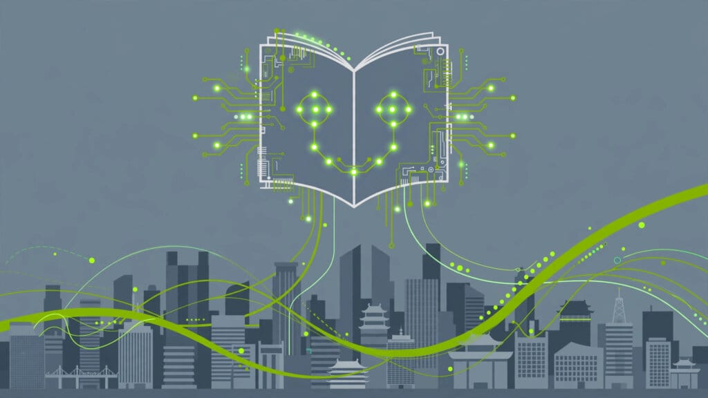 DeepSeek open AI model illustrated as a glowing book-shaped robot head above a Chinese city skyline