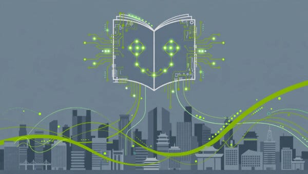 DeepSeek open AI model illustrated as a glowing book-shaped robot head above a Chinese city skyline