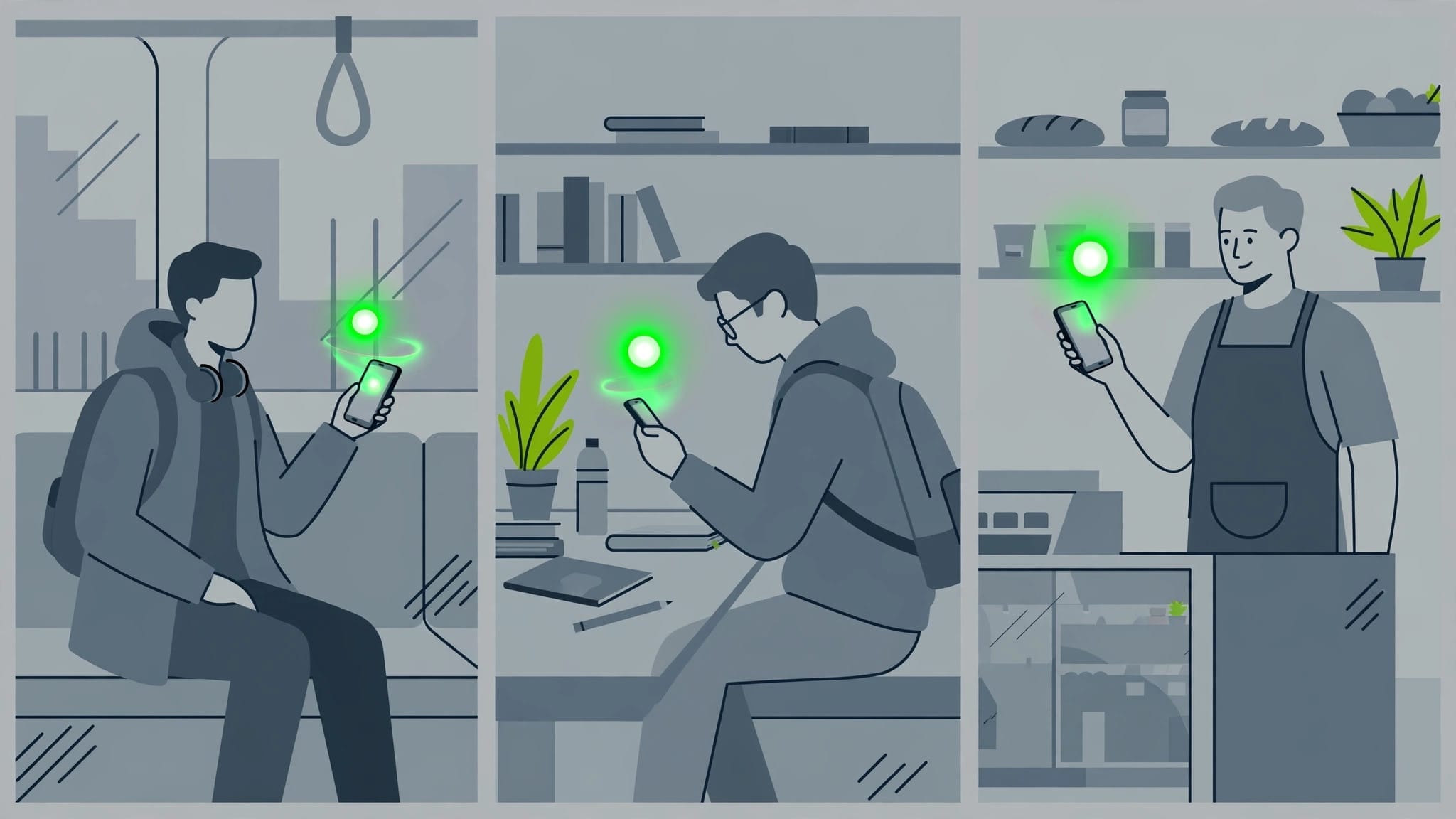 Doubao in daily life illustrated as a commuter, student and shopkeeper each using the assistant on a phone