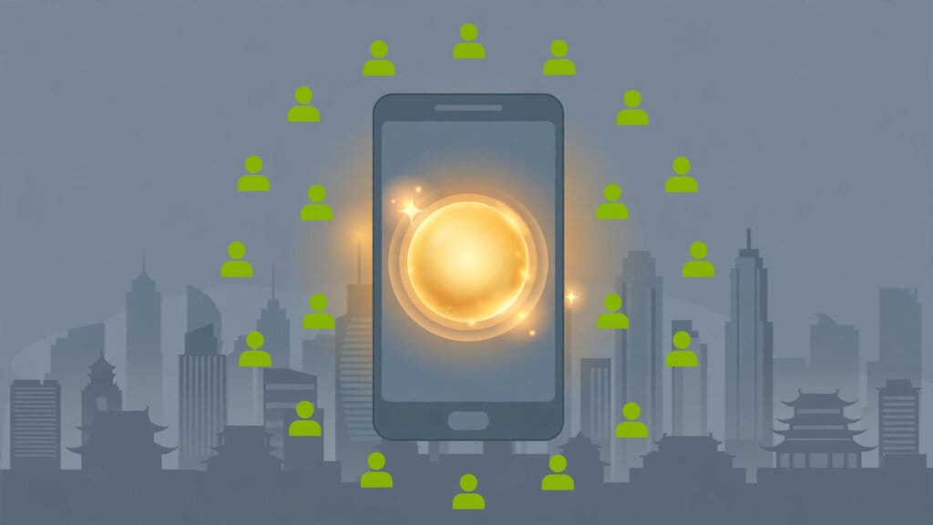 Doubao AI assistant illustrated as a glowing orb on a smartphone surrounded by user figures in a Chinese city