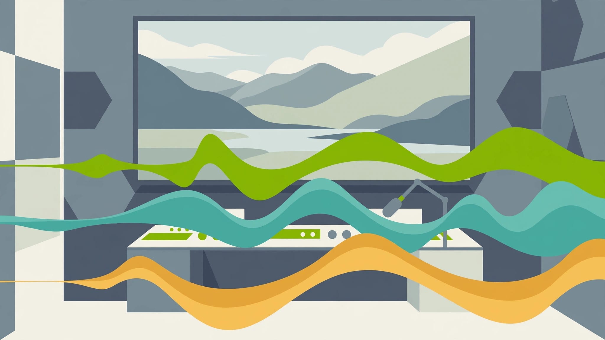 Illustration of a film screen with parallel coloured sound waves, representing ElevenLabs dubbing one film into many languages