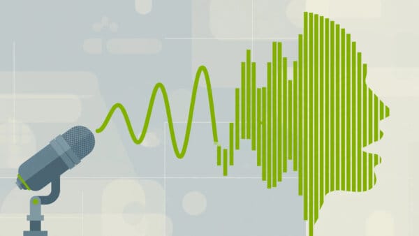 Illustration of a studio microphone whose sound waves form a speaking face, representing ElevenLabs AI voice generation
