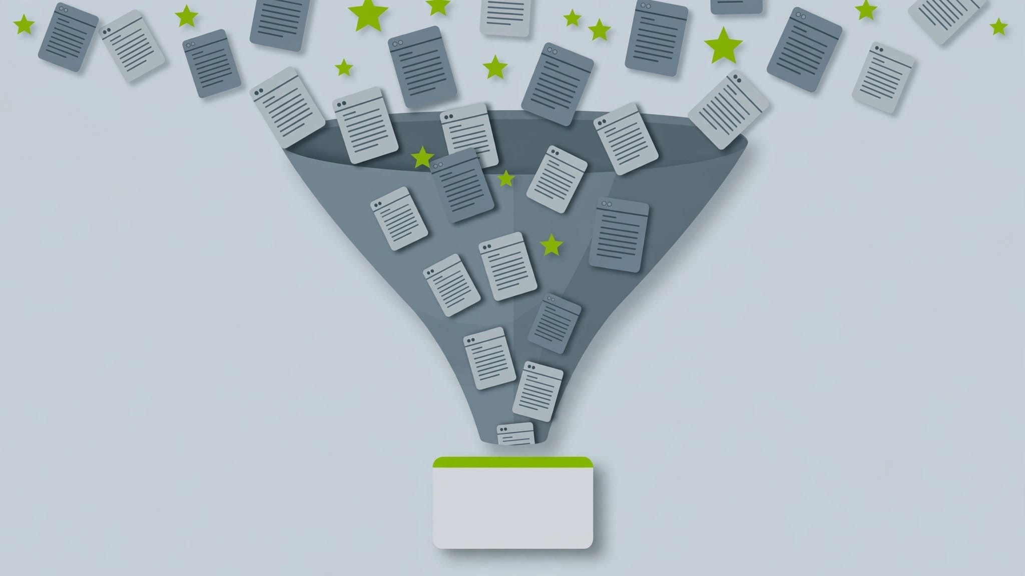 Illustration of many web pages funnelling into a single AI answer card, representing how generative engines choose sources
