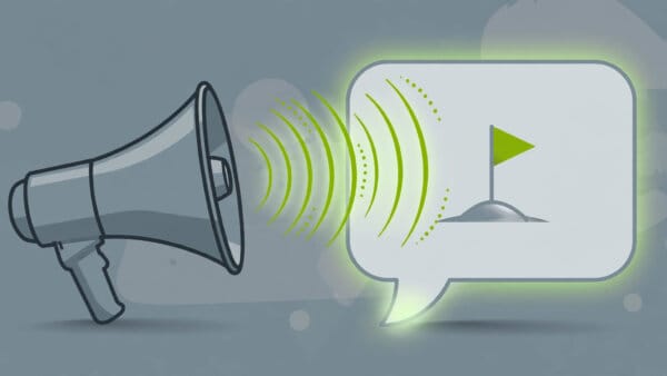 Illustration of a megaphone aiming at a giant chat bubble with a brand flag inside it, representing GEO and earning a place in AI answers