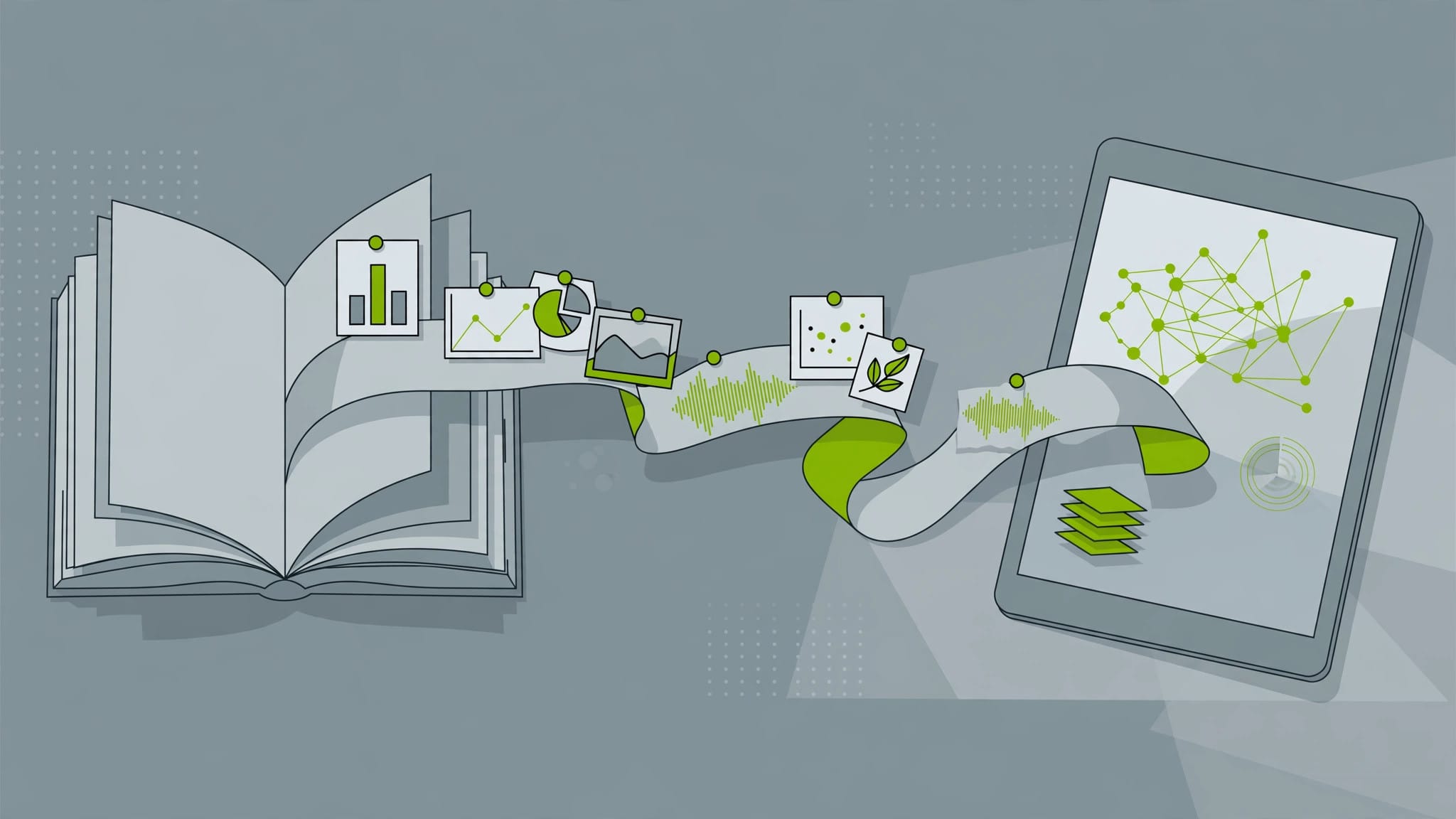 Illustration of a very long stream of pages flowing into a tablet, representing Google Gemini's large context window
