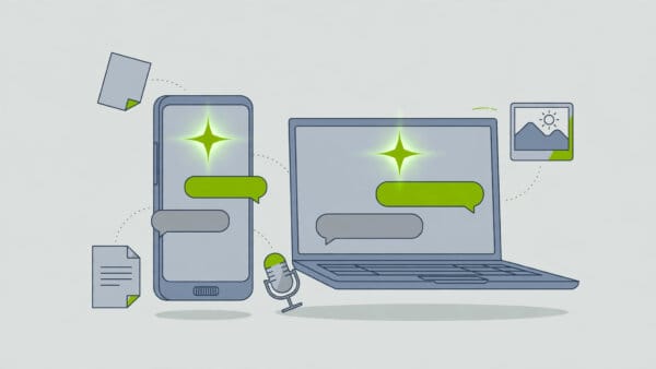 Illustration of a smartphone and laptop running Google Gemini, with documents and media floating around the assistant