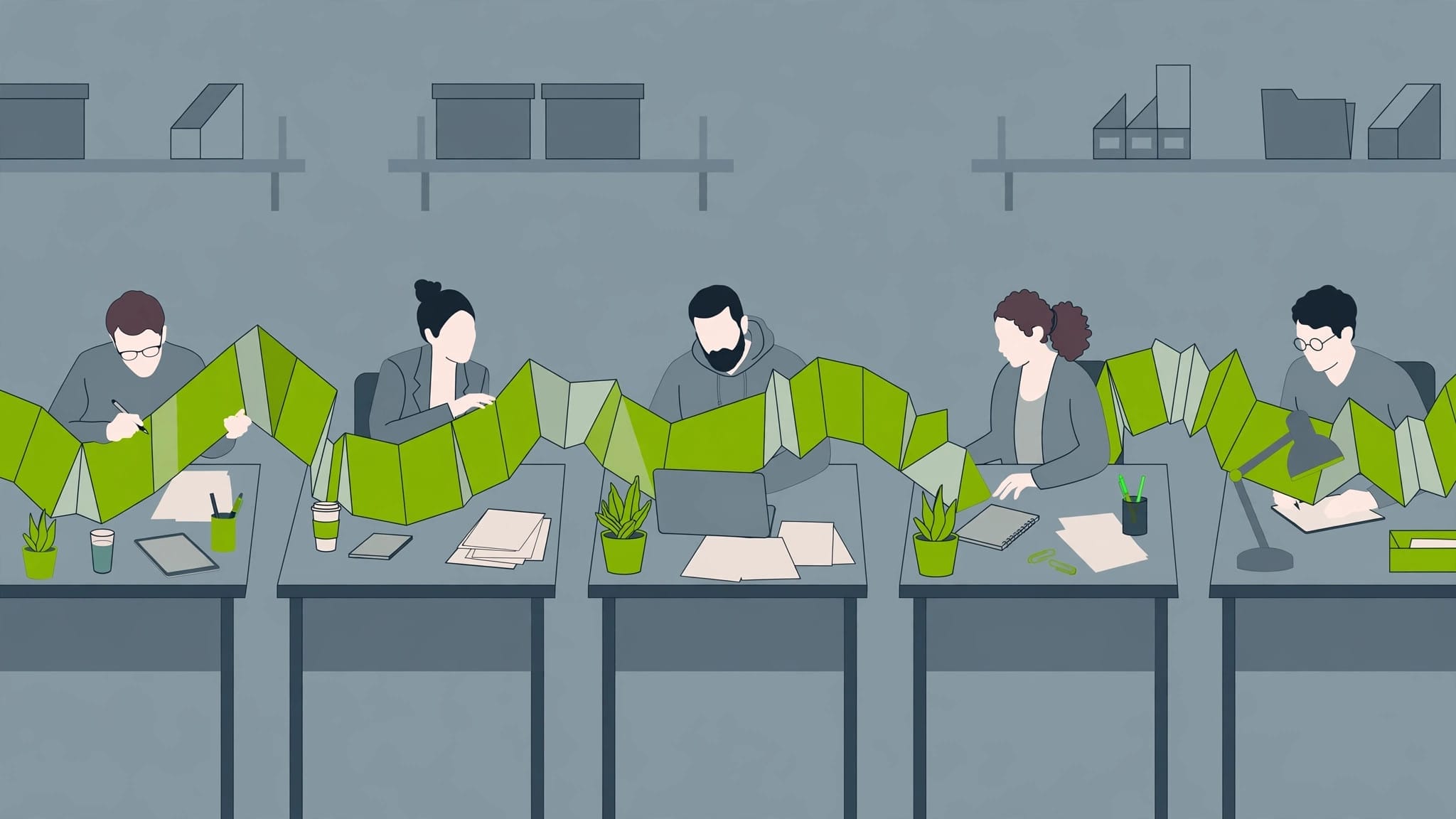 Kimi long context illustrated as researchers with a ribbon of pages stretching across an office
