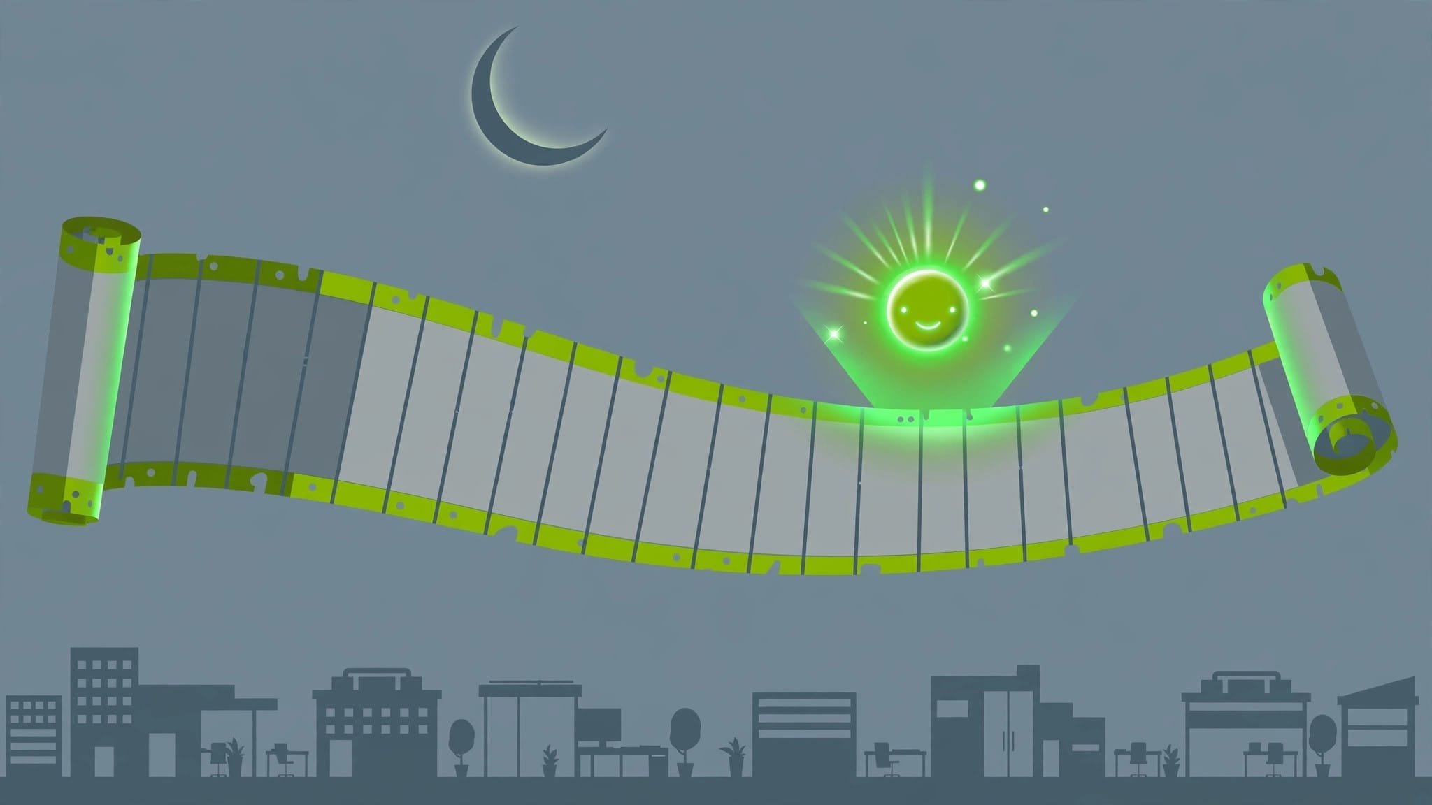 Kimi assistant illustrated as a glowing orb reading a very long scroll beneath a crescent moon