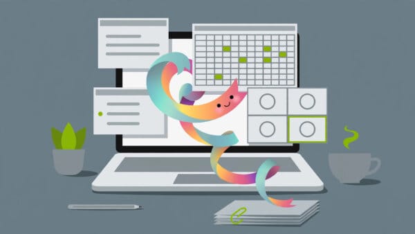 Illustration of a laptop showing document, spreadsheet, email and meeting windows with a Microsoft Copilot ribbon weaving between them