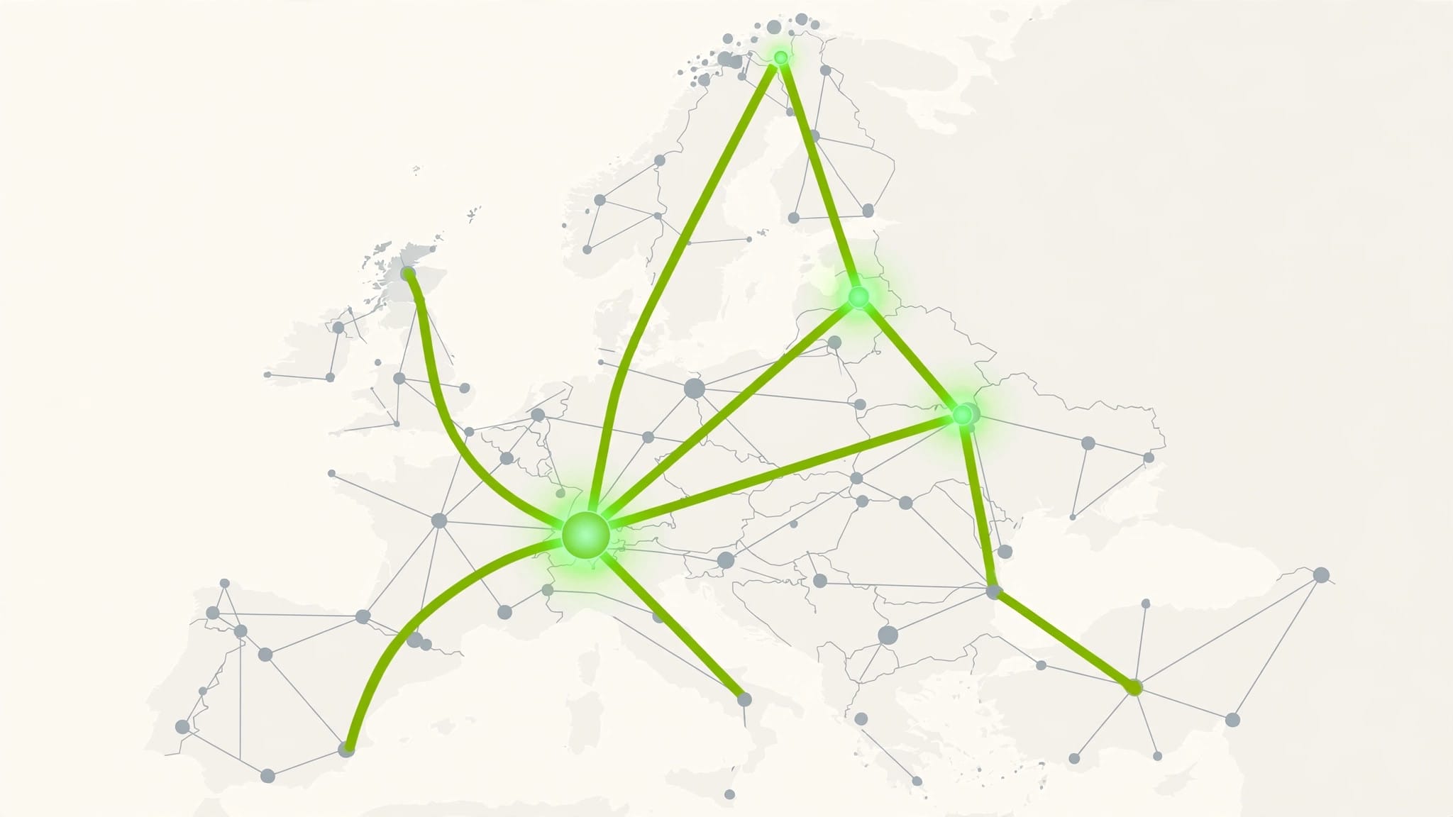 Illustration of a connected map of Europe with glowing nodes converging on Paris, representing Mistral AI's research network