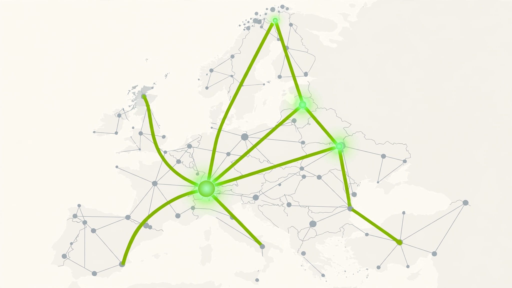 Illustration of a connected map of Europe with glowing nodes converging on Paris, representing Mistral AI's research network