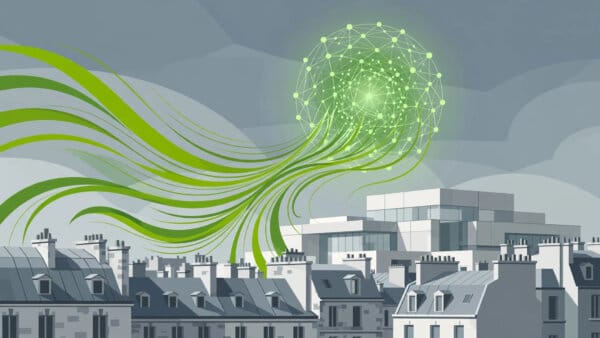Illustration of wind currents flowing over Paris rooftops into a glowing neural network above a Mistral AI research lab